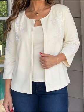 dennis basso Cream Sequin-Embellished Open-Front Jacket size L